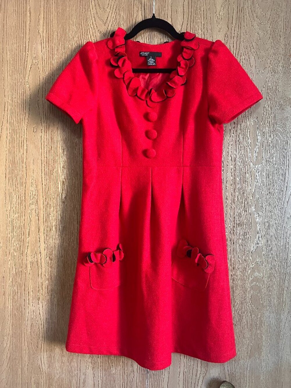 Vesade New York Red Wool Blend Mod Dress Petal Trim Pockets Size 6
